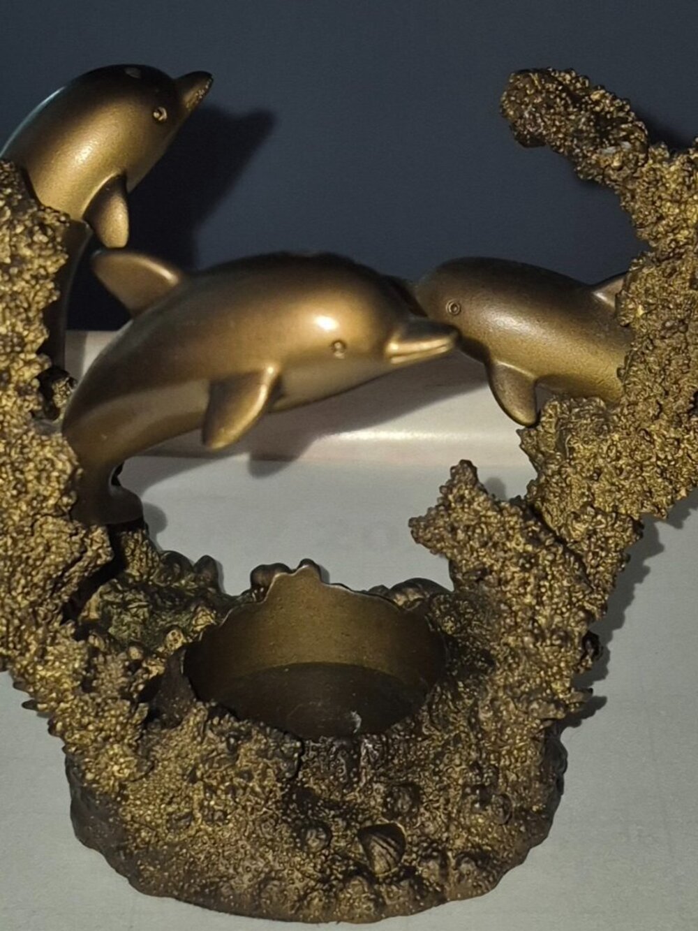 Vintage PartyLite Tealight Votive Candle Holder 3 Dolphins Bronze Tone Excellent